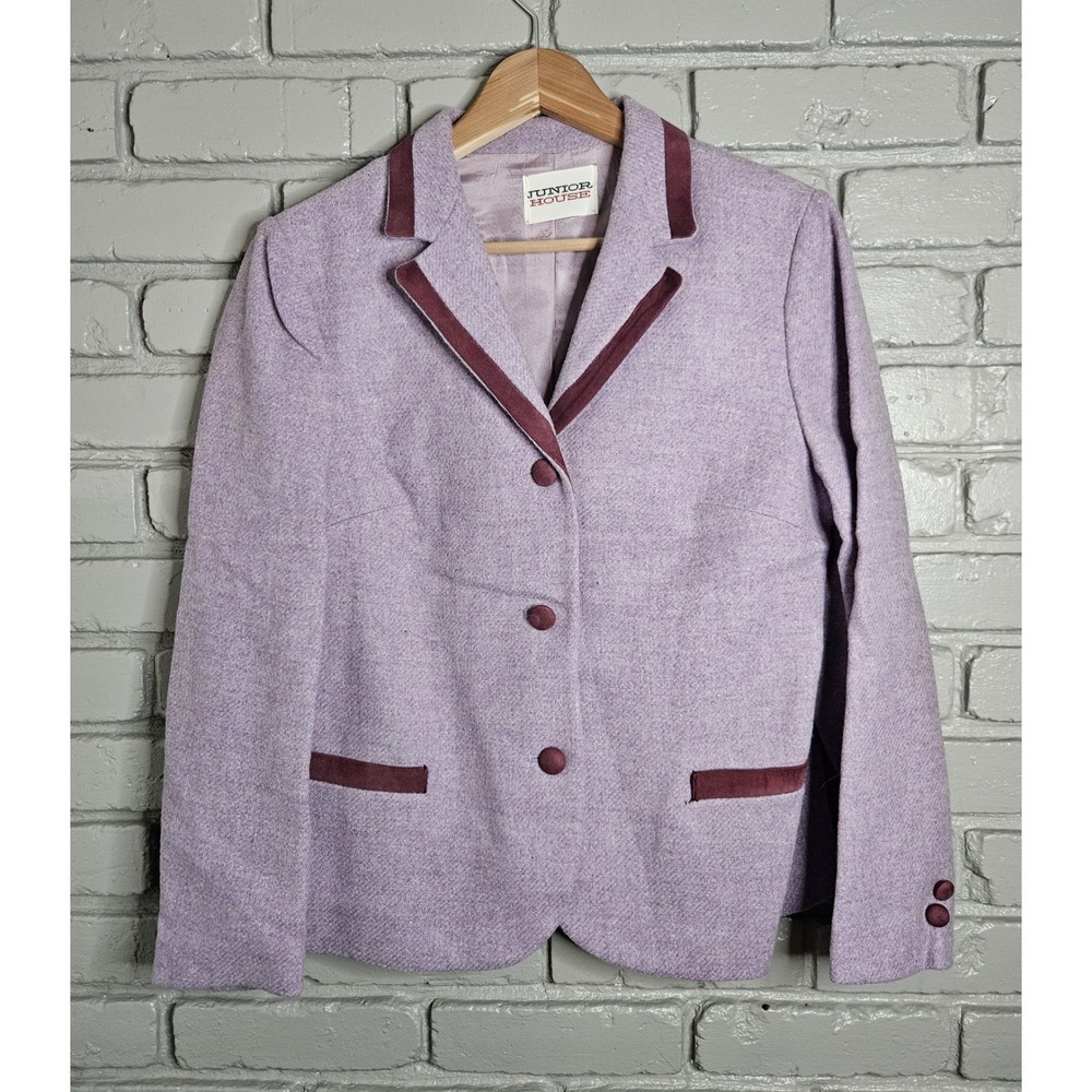 Junior House Vintage‎ Women's Tweed Blazer Suit Jacket Purple Suede Trim Size M